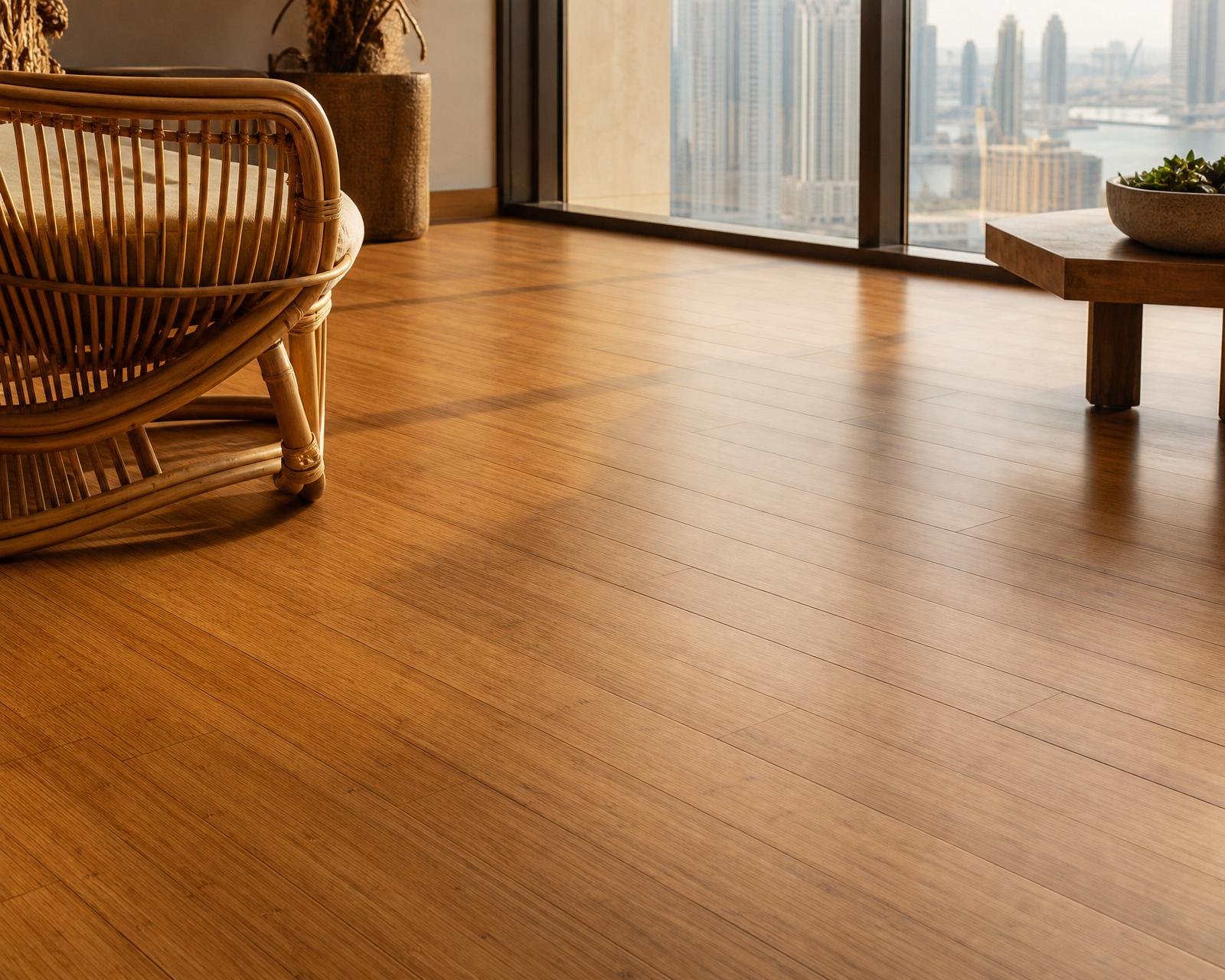 Strand-woven bamboo flooring in a contemporary Dubai sitting room with rattan lounge chair