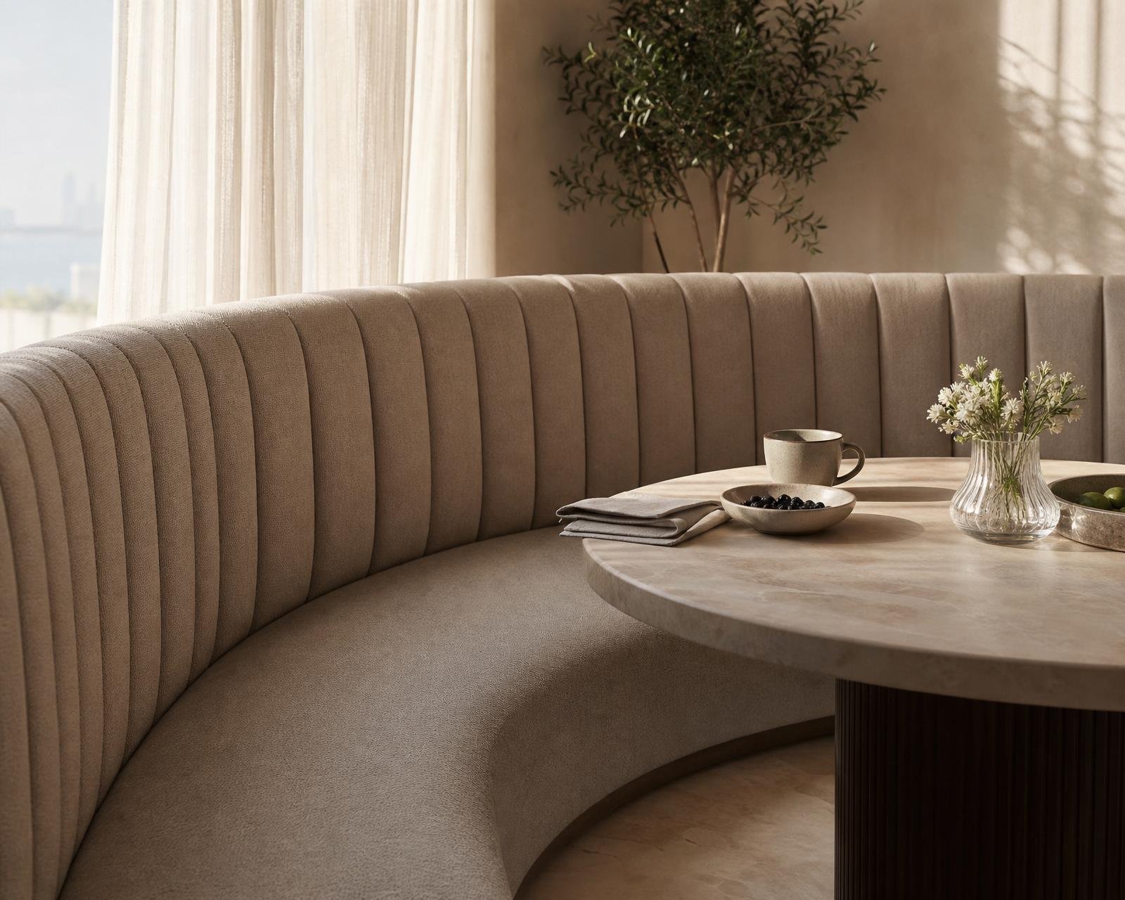 Curved taupe linen banquette wrapping a Dubai breakfast nook