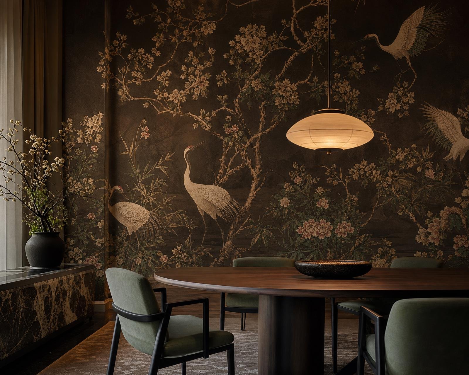 Bespoke chinoiserie crane mural wallpaper on tea-stained ground in a luxury Dubai dining room