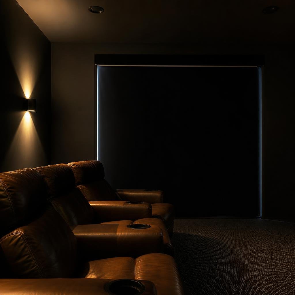Side-channel cassette blackout blind fully drawn in a home cinema with leather recliners and a single warm sconce