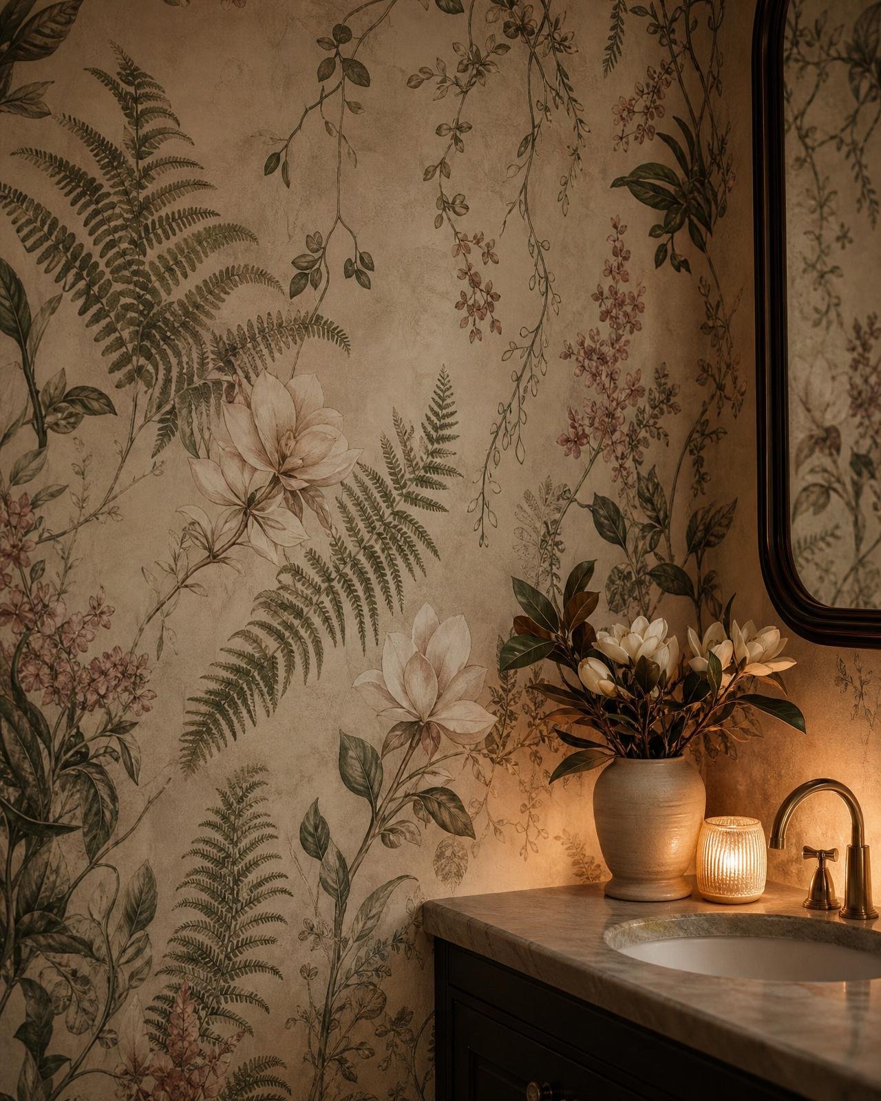 Hand-illustrated magnolia and fern botanical wallpaper in a Dubai powder room