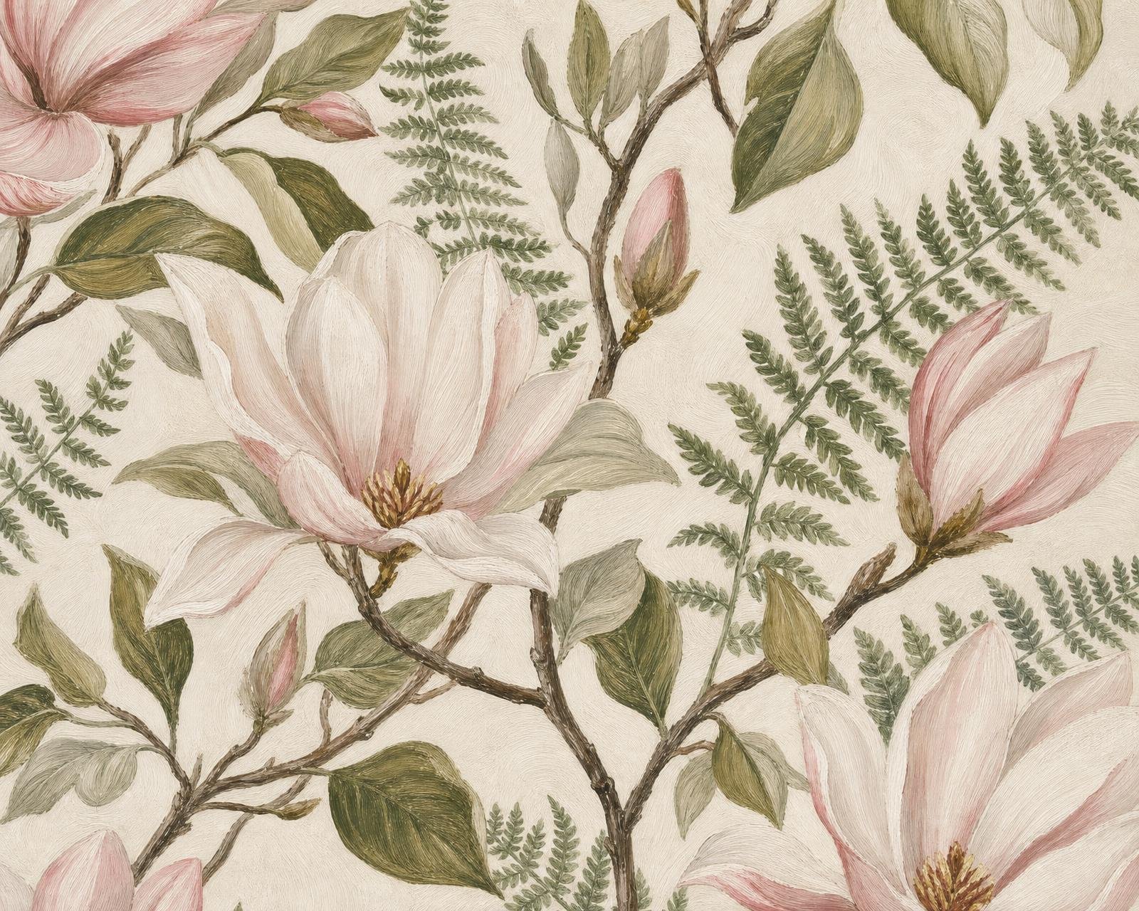 Close-up of hand-painted magnolia botanical wallpaper with visible brushstrokes
