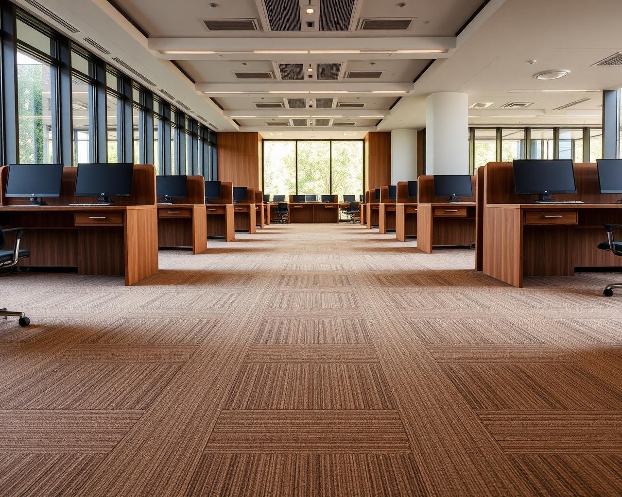 Modular office carpet tiles laid across a corporate workplace floor