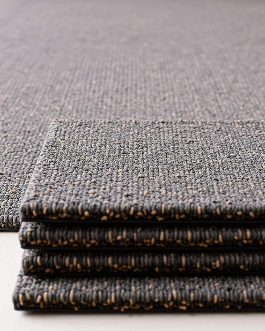 Macro of stacked modular office carpet tiles showing dense loop pile texture