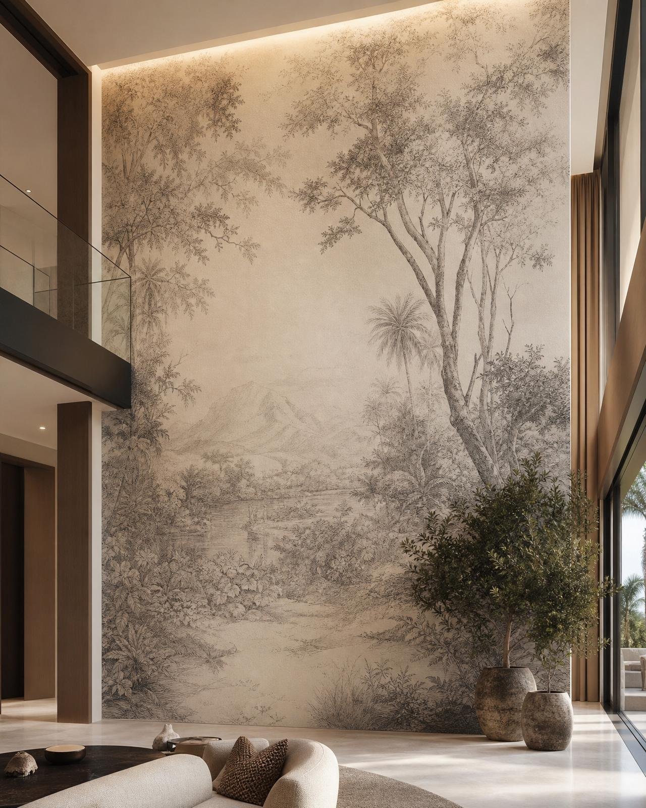 Custom 5-metre ink-drawn landscape wallpaper in a soaring Dubai double-height villa atrium