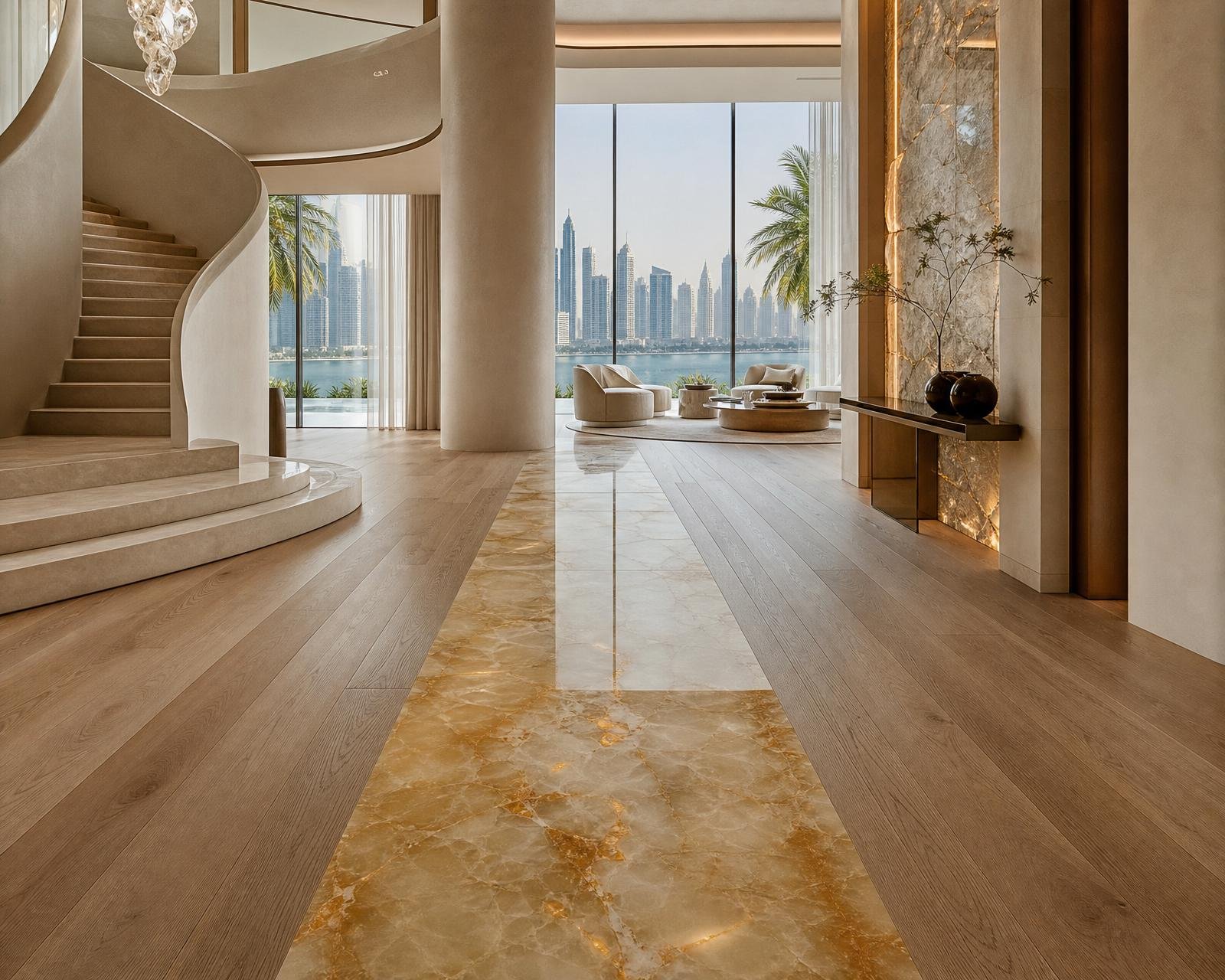 Custom flooring combining oak planks with honey onyx feature stripe in a Dubai villa atrium