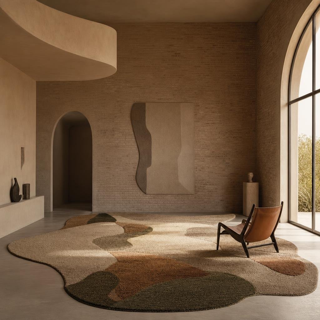Irregular organic-shaped custom commissioned carpet in earth tones in a double-height studio