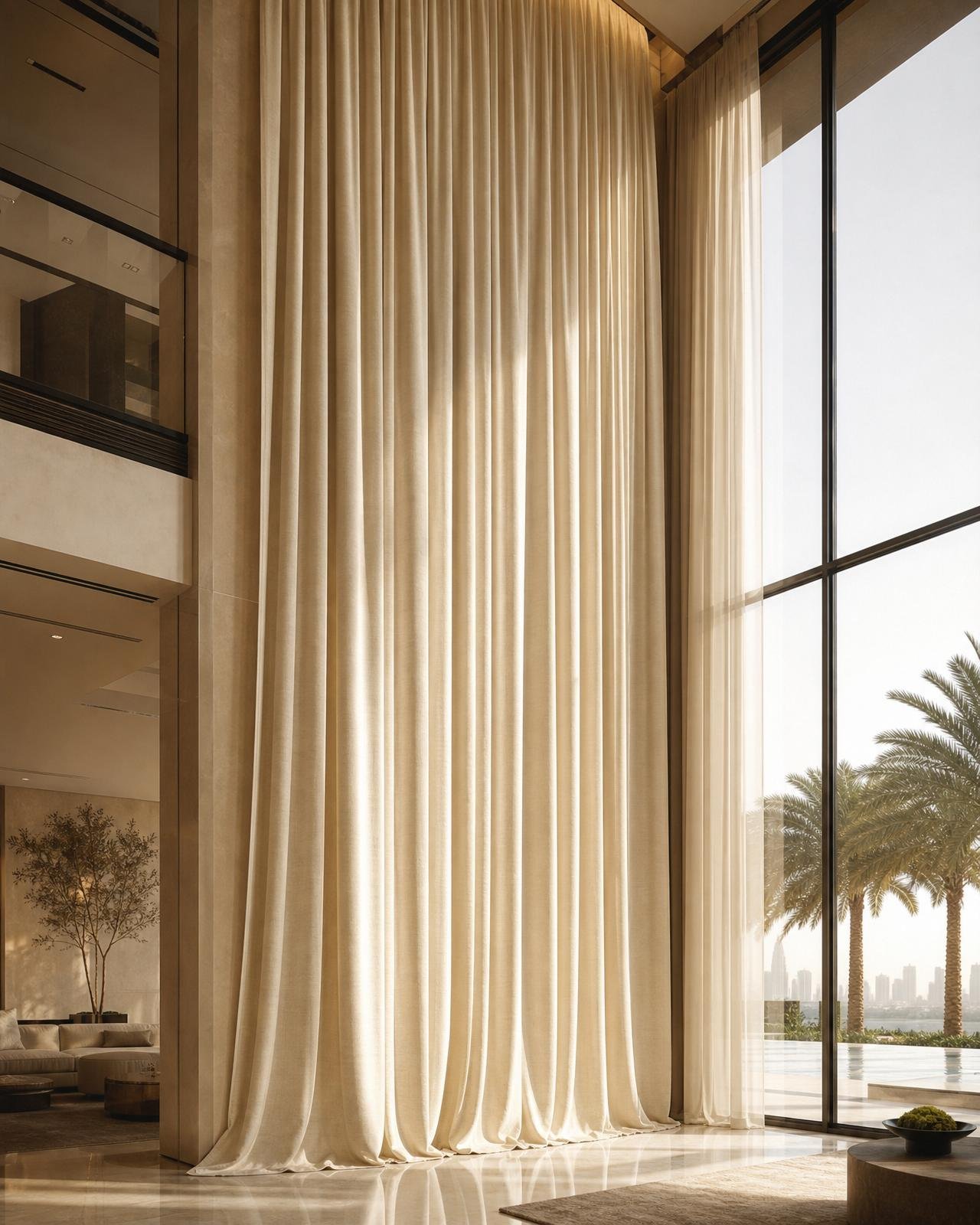 Five-metre-drop ivory custom curtain in a soaring Dubai villa atrium