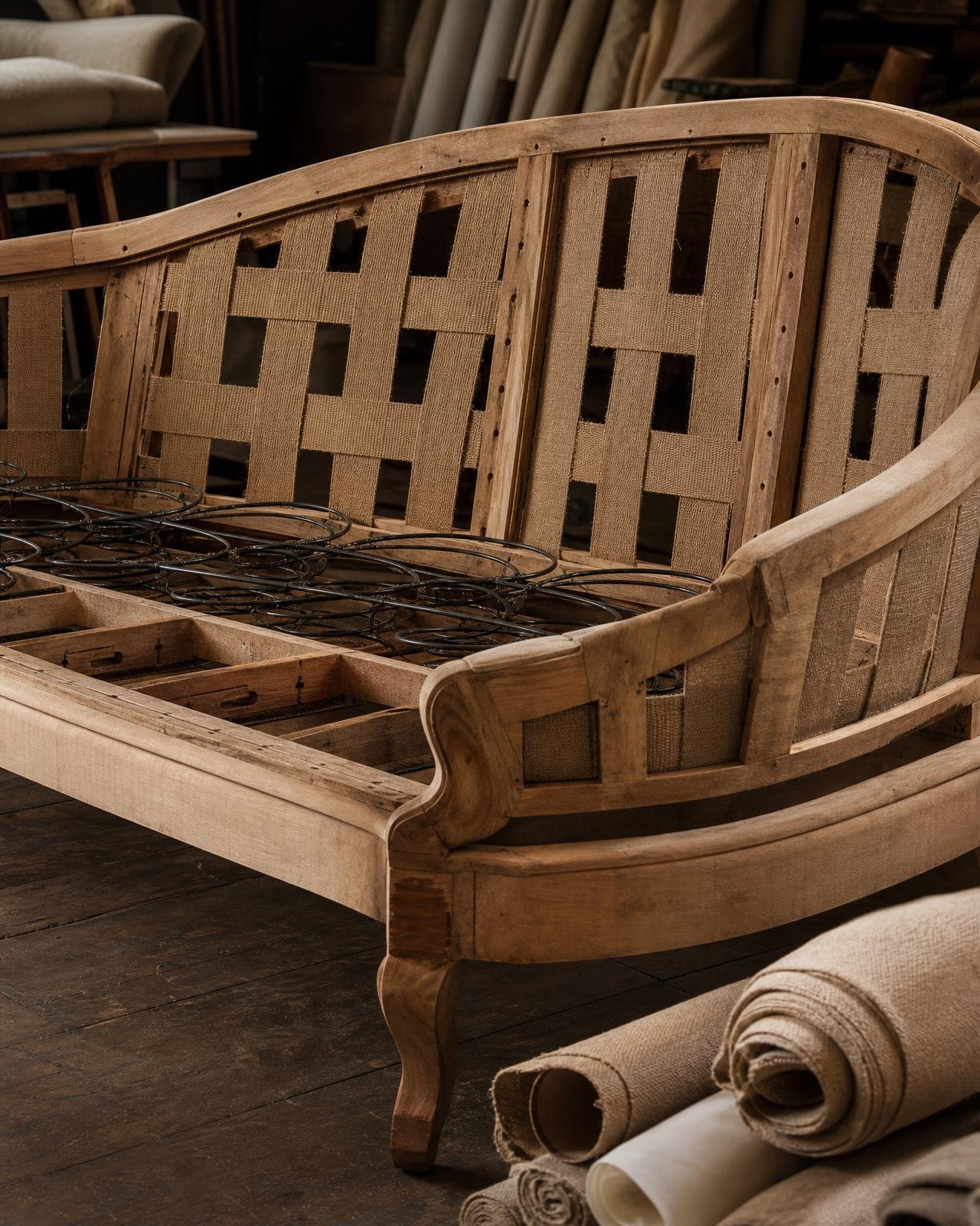 Bare upholstery frame with springs and webbing in the workshop before reupholstery