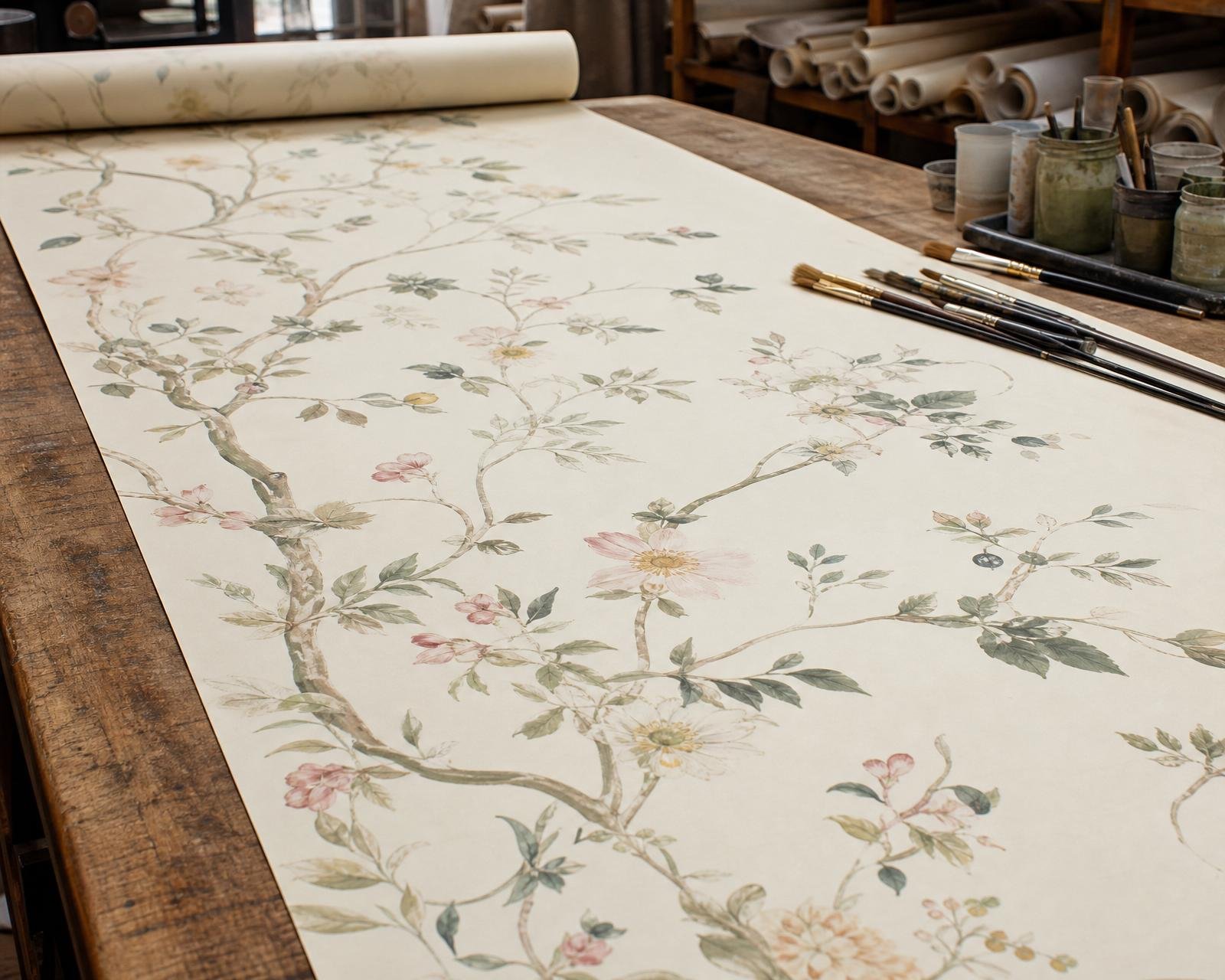 Custom wallpaper being hand-finished on a long workshop bench with brushes and pigment
