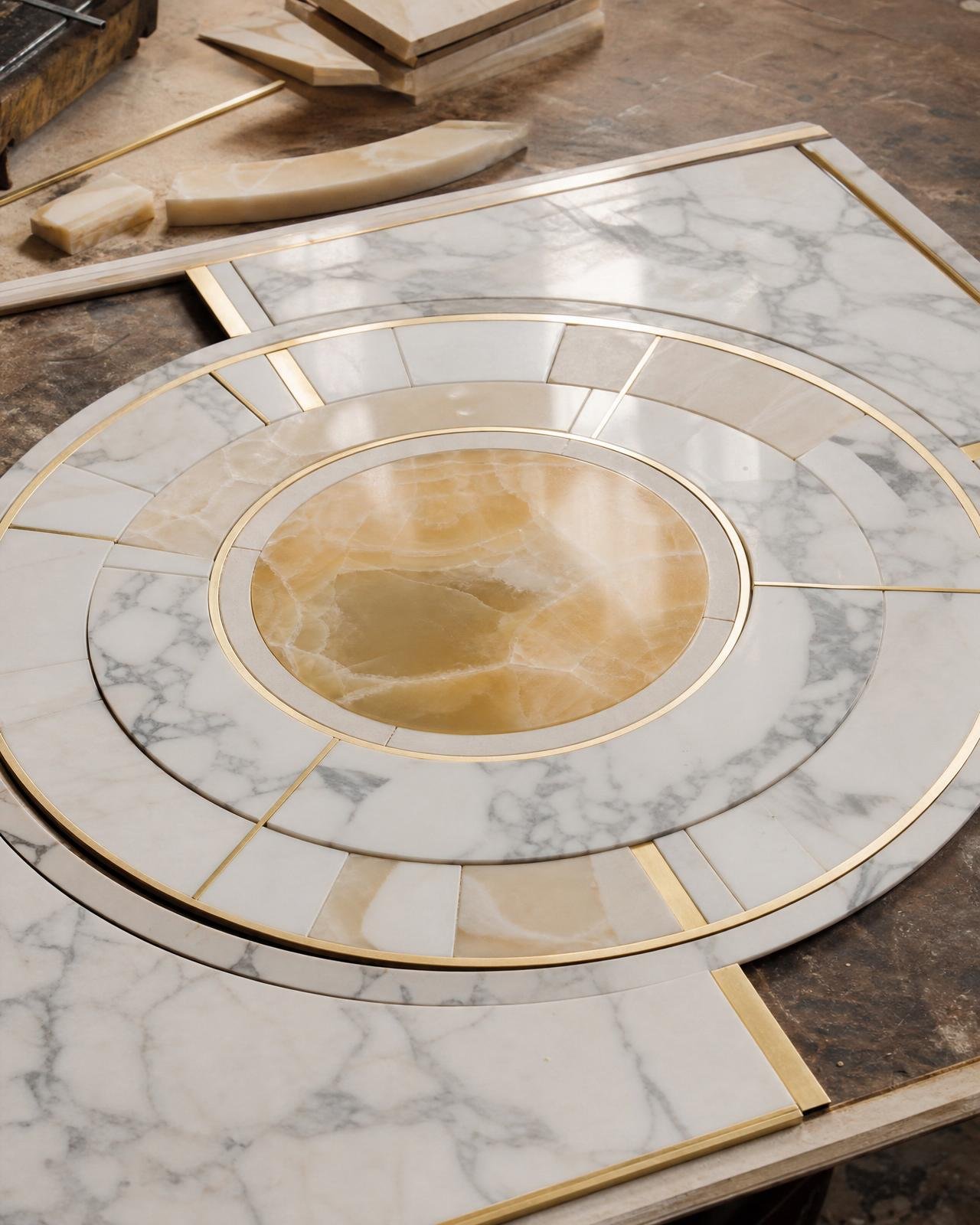 Custom marble and brass inlay panel being assembled in the workshop