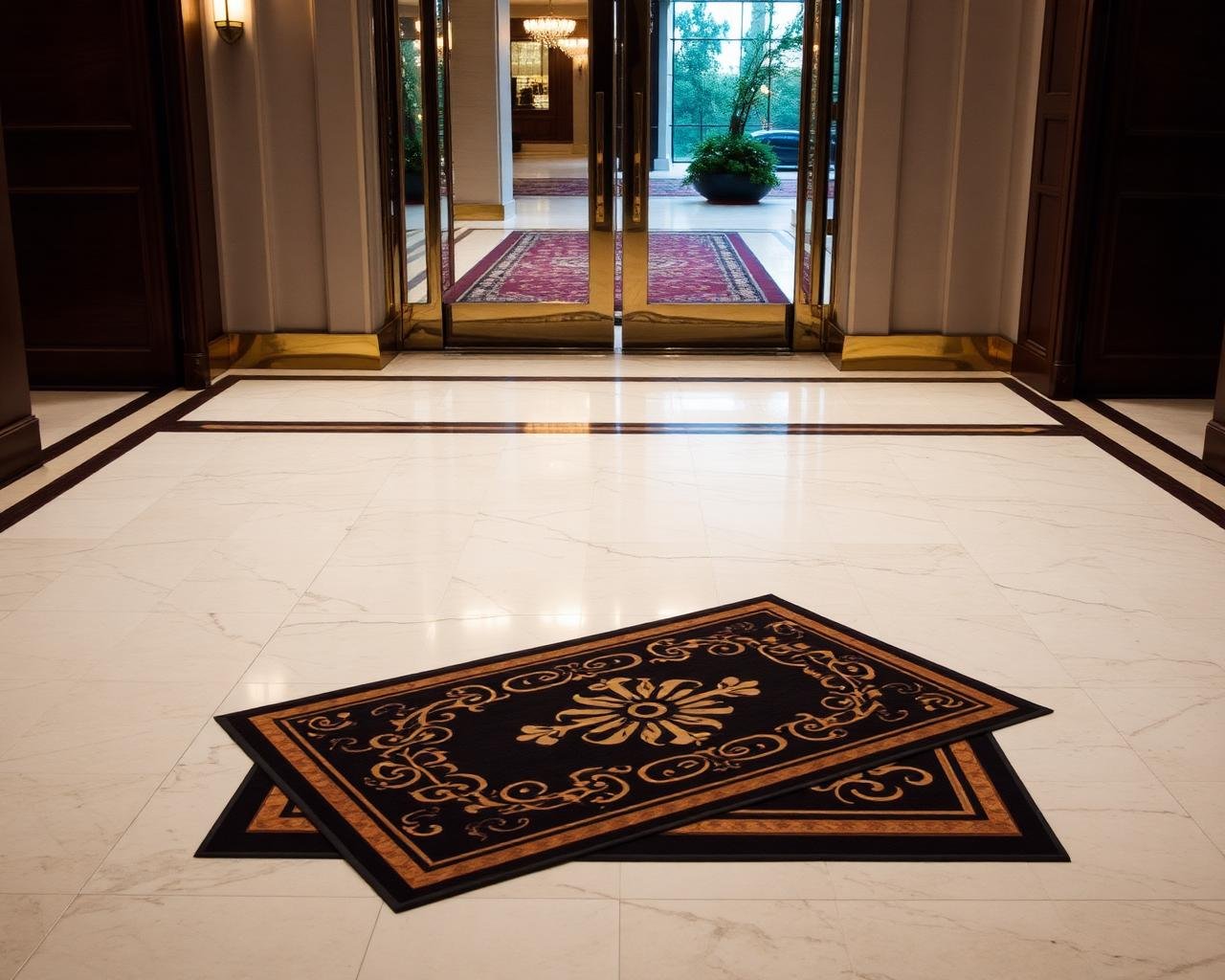 Custom-cut entrance mat set into pale stone flooring in a hotel lobby