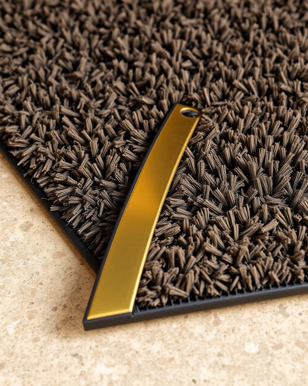Macro of a custom entrance mat corner with brushed brass trim on stone