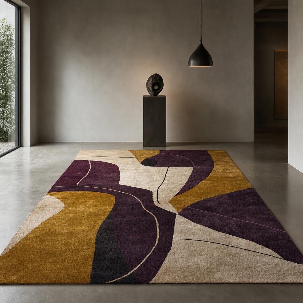 Numbered limited edition designer carpet in plum, ochre and bone in a gallery-style room