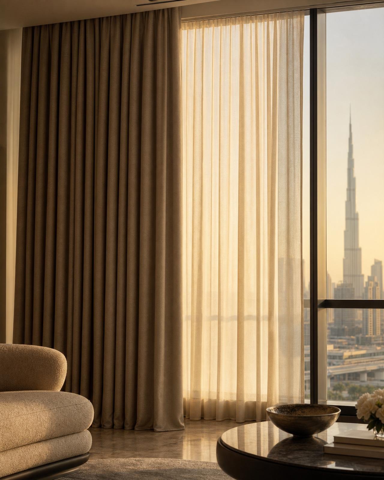 Double layer ivory sheer and taupe drapery dressing a Dubai-facing window