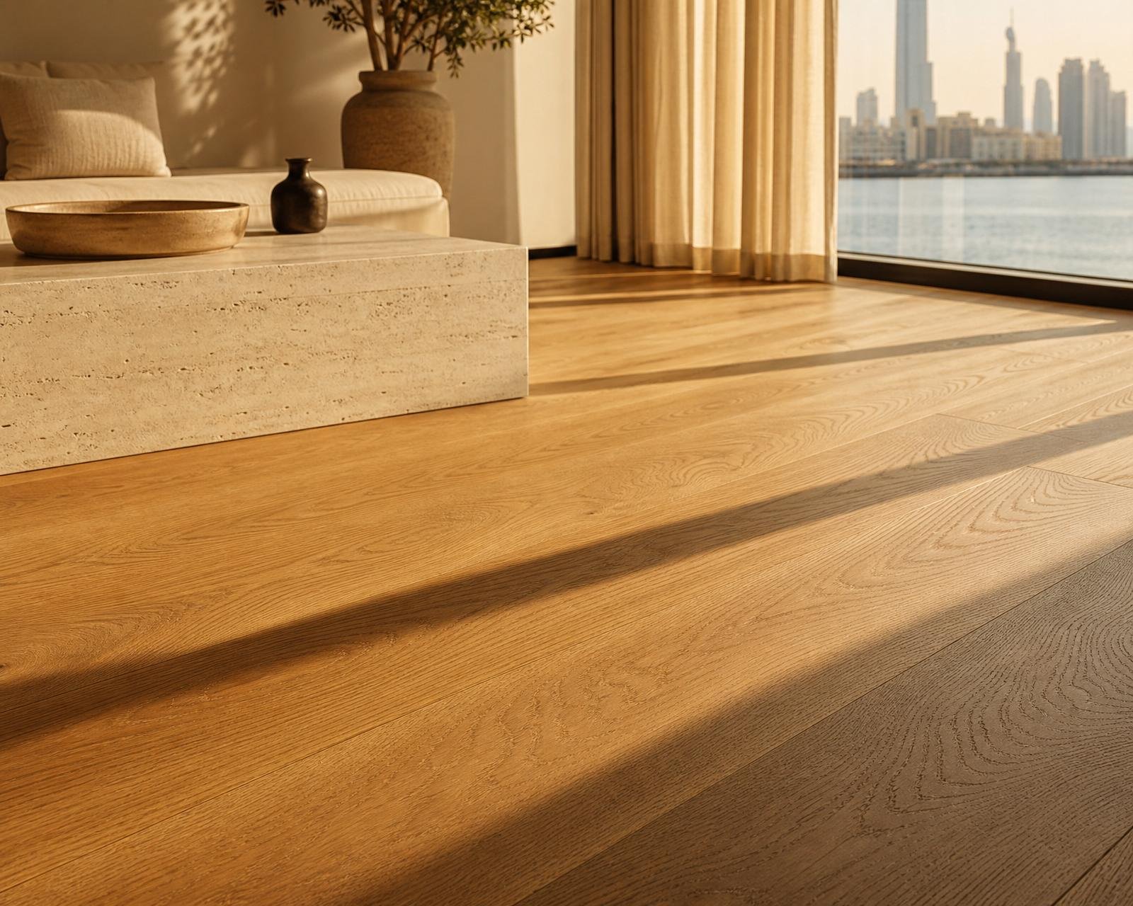 Wide-plank European oak engineered hardwood flooring in a Dubai living room at golden hour
