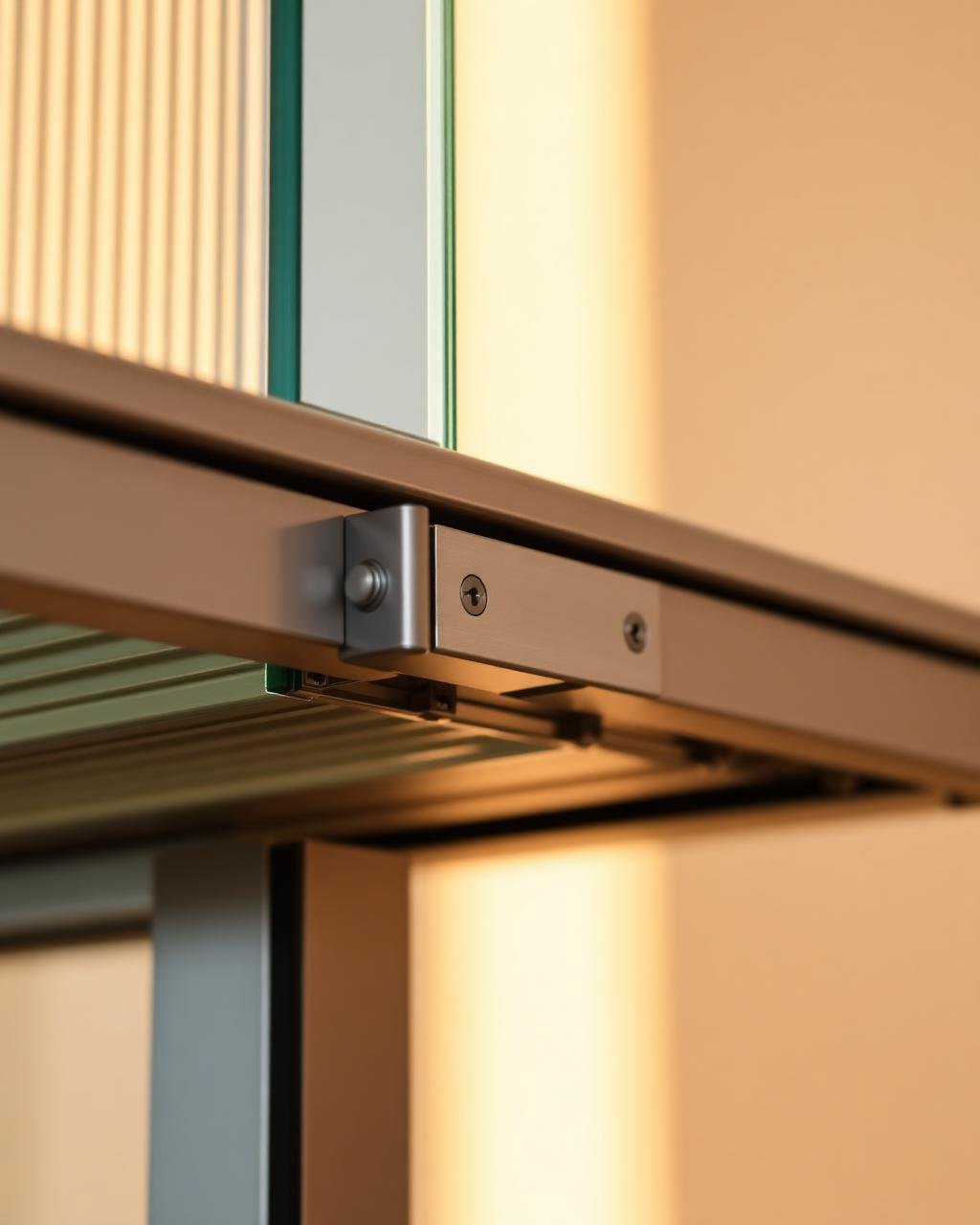 Detail of a folding door track, hinge and stacked aluminium panels