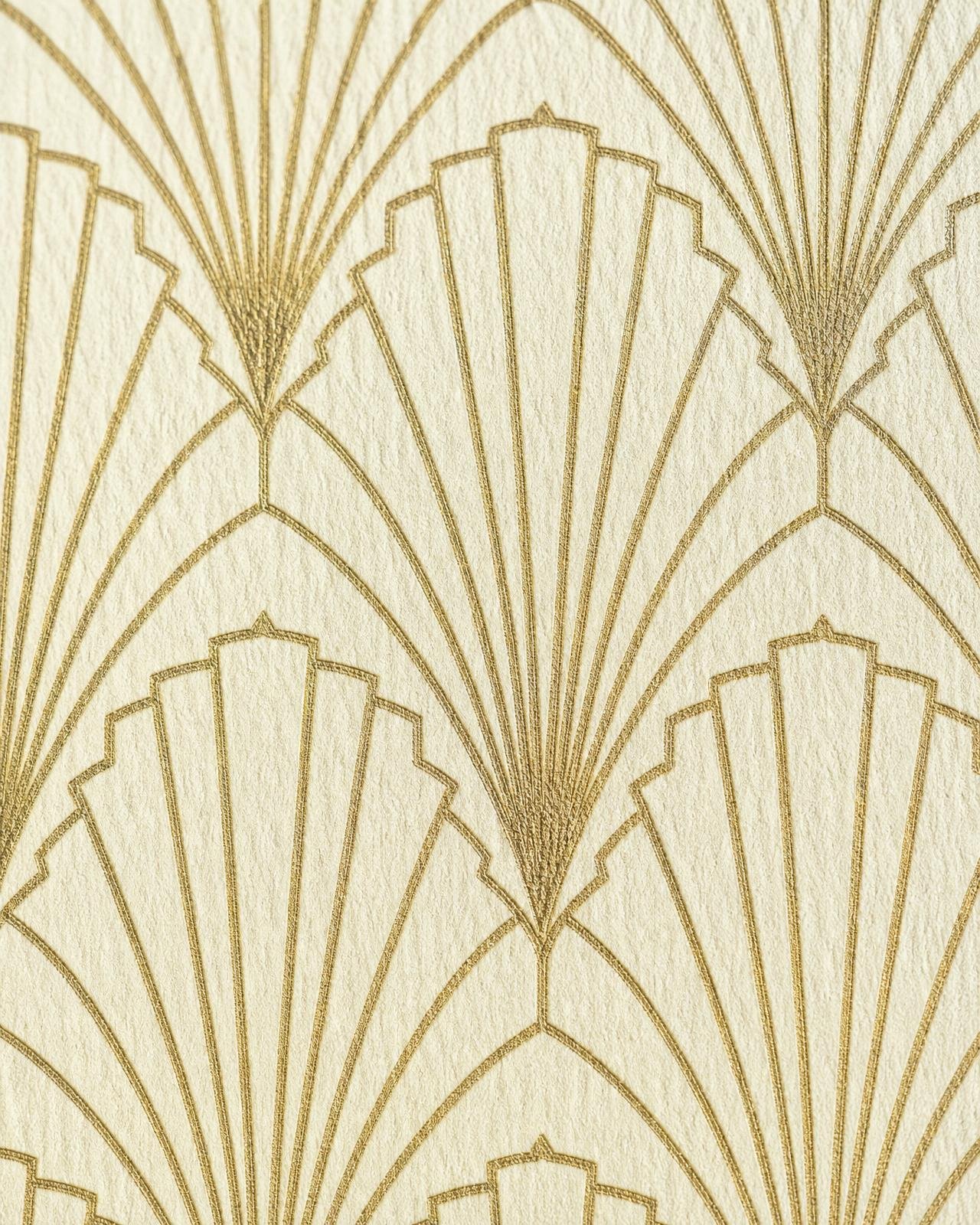 Macro of Art-Deco fan repeat in metallic brass ink on heavy cream cotton paper