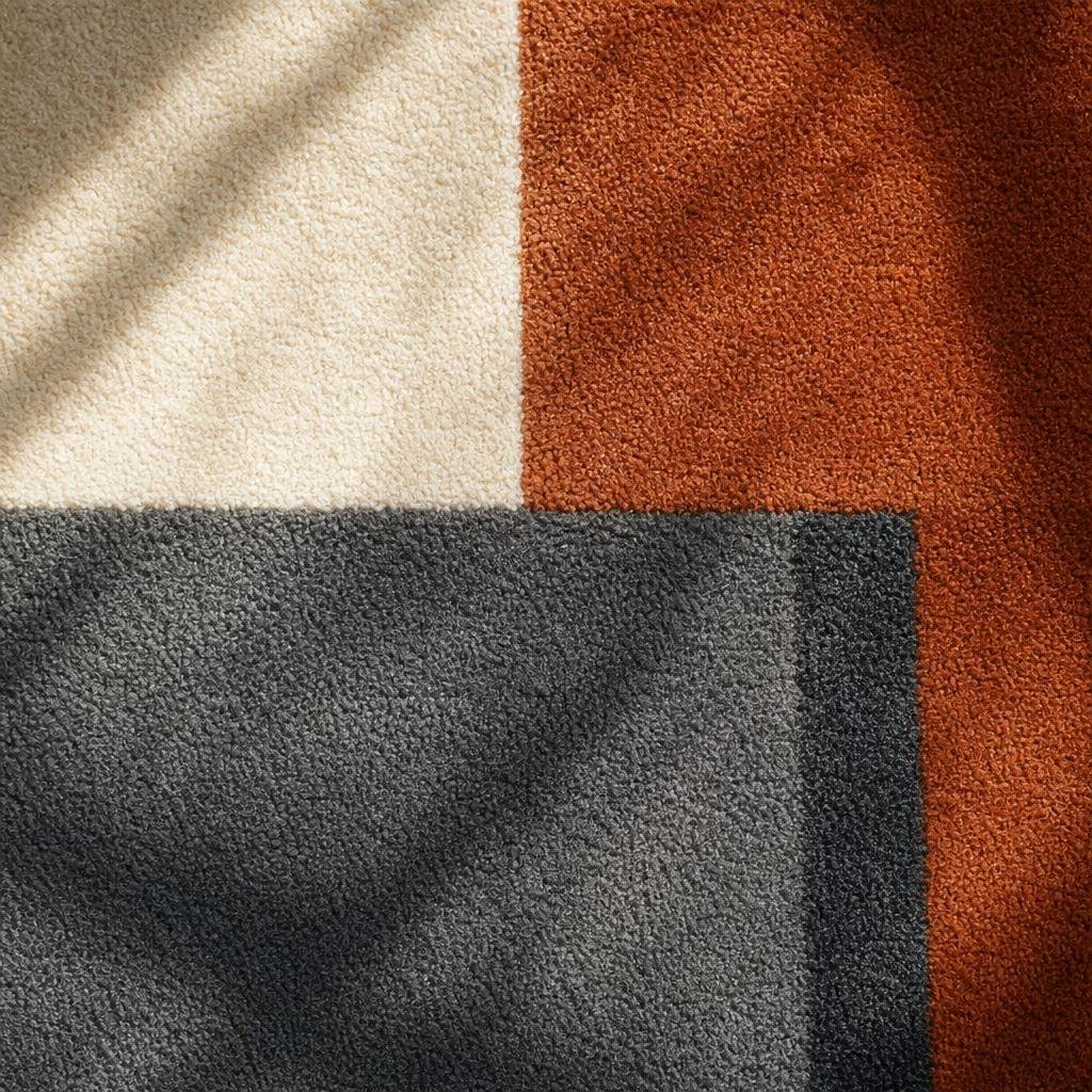 Macro of hand-tufted geometric pattern carpet with crisp tonal block transitions