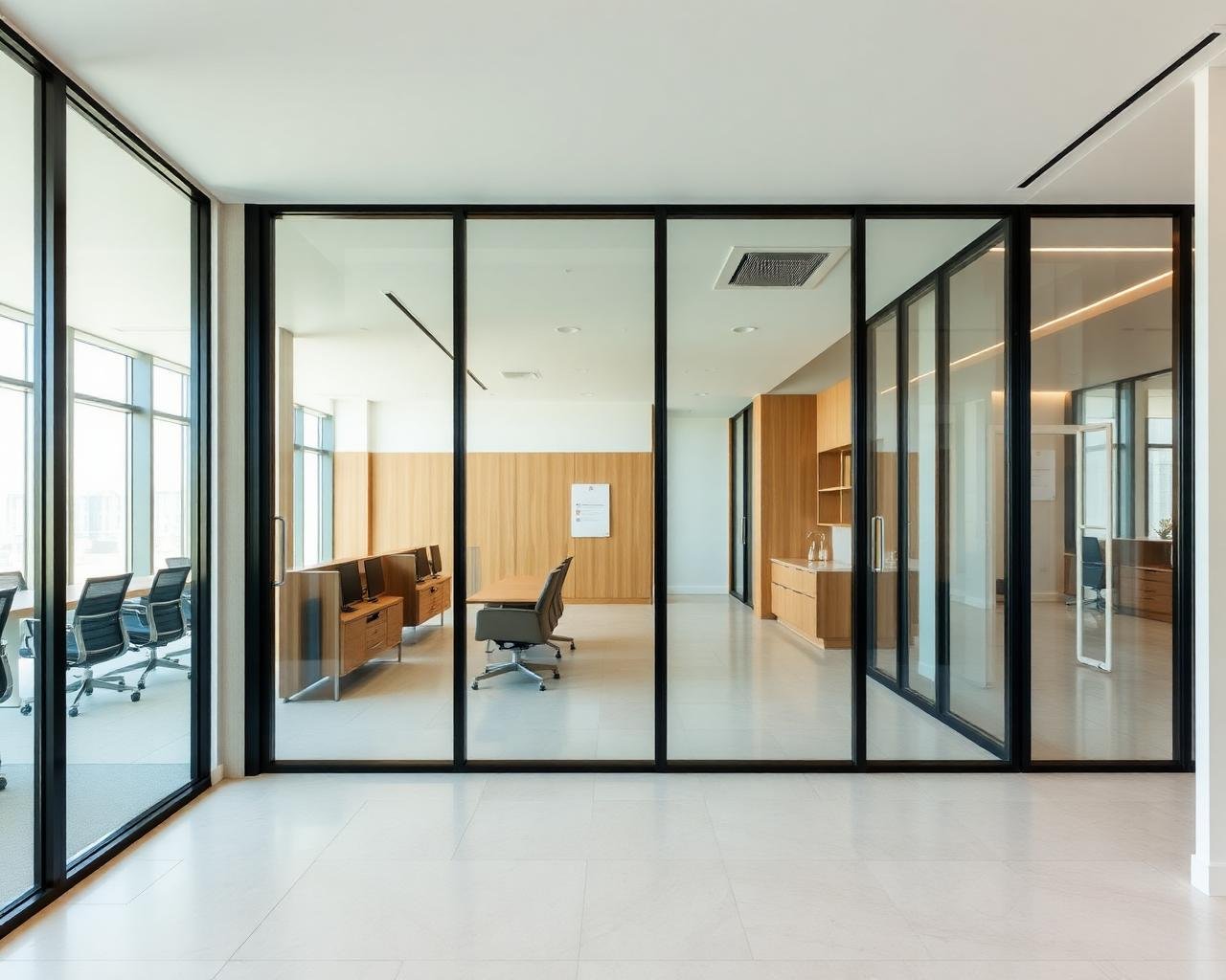 Floor-to-ceiling glass partition in slim black aluminium framing in a Dubai office interior