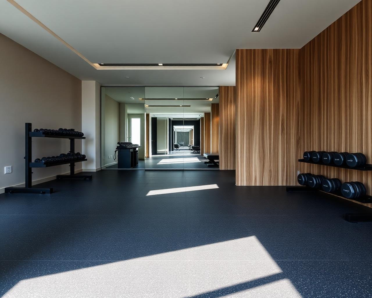 Dark charcoal rubber gym flooring in a private Dubai residence gym with oak wall panelling