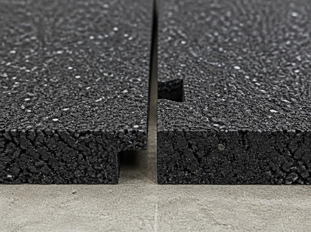Close view of grey-speckled rubber gym mat tiles and their interlocking edges