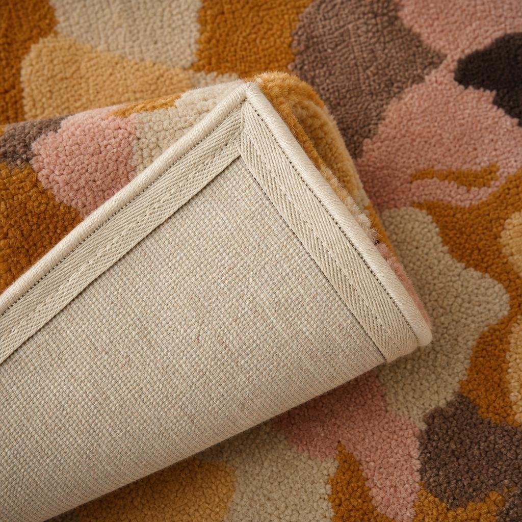 Studio flatlay of hand-tufted carpet showing cotton backing and clean stitched edge binding