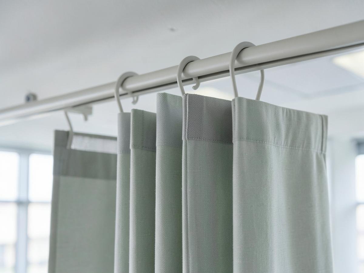 Detail of a hospital privacy curtain heading with mesh top panel and glide hooks on a ceiling curtain track