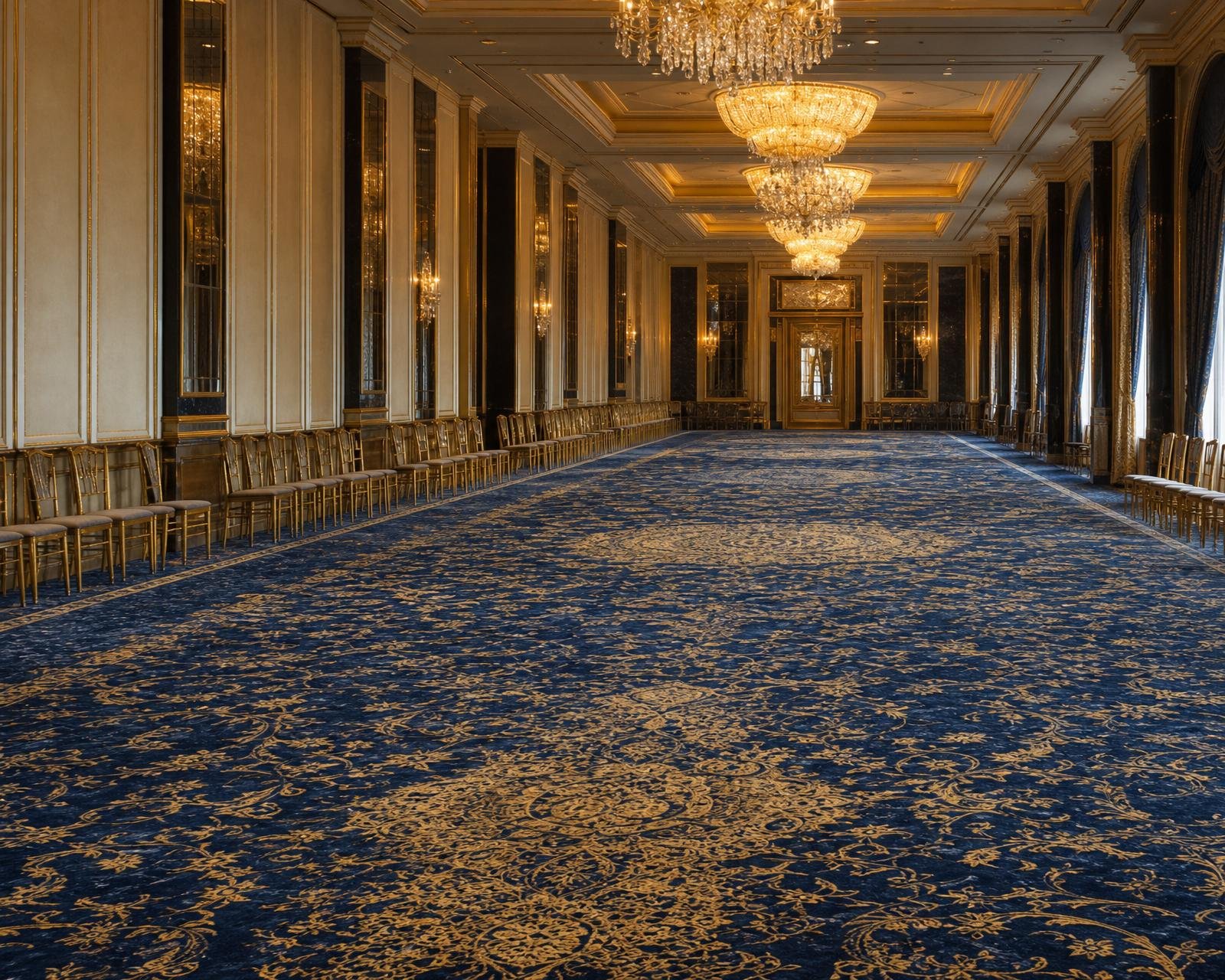 Contract-grade Axminster carpet in a Dubai hotel ballroom beneath chandeliers
