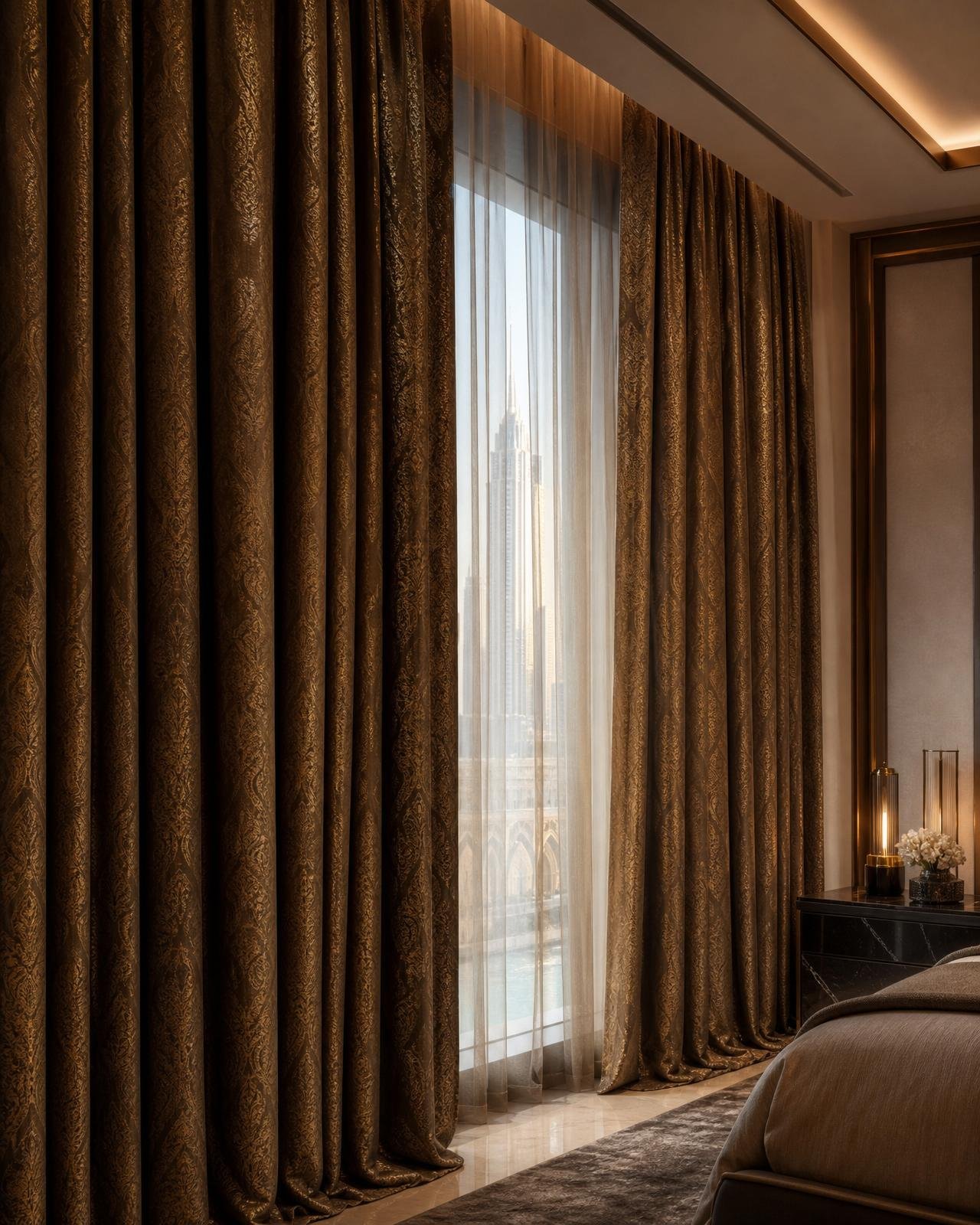 Bronze brocade contract-grade hotel suite curtains in a Dubai hospitality interior