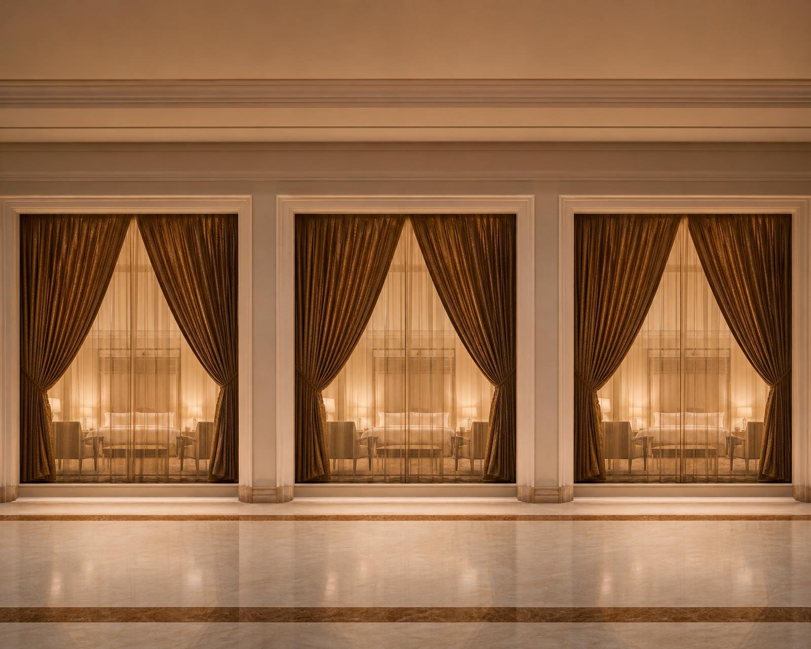 Three identical hotel suite windows with matching bronze drapery for repeat-room rollout