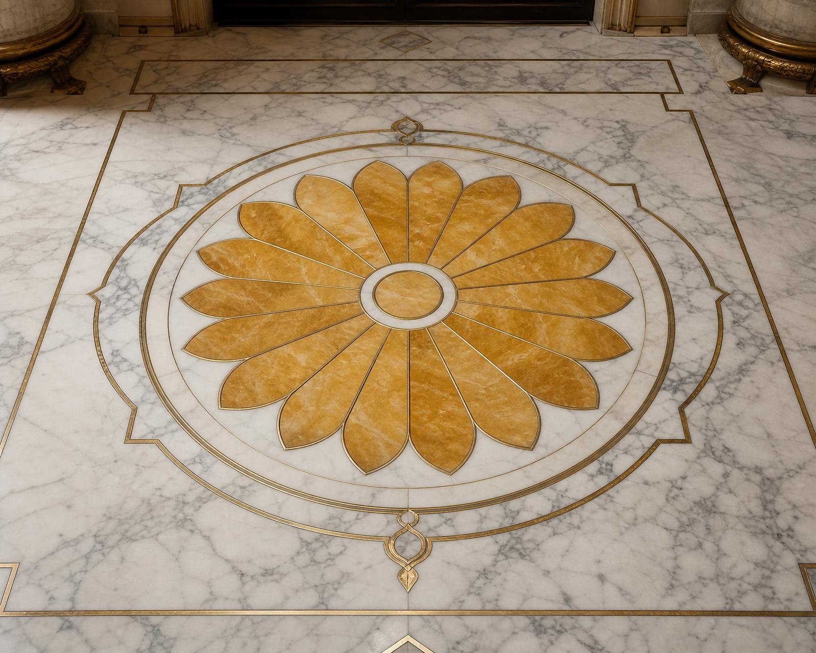 Honey onyx and brass inlay rosette set inside a Calacatta marble entry floor