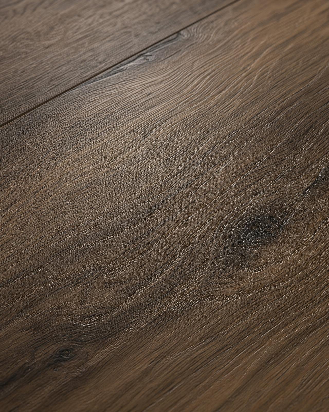 Macro of premium laminate flooring with embossed smoked oak grain texture