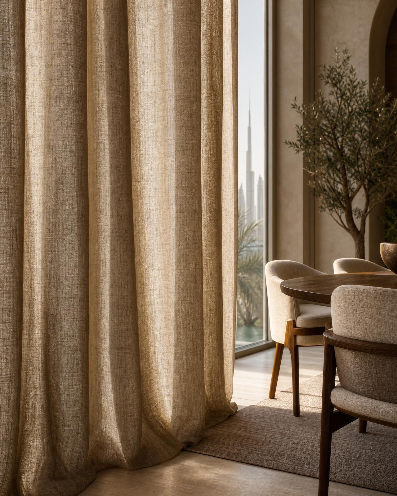 Belgian linen curtains in natural oatmeal beside a Dubai dining room window
