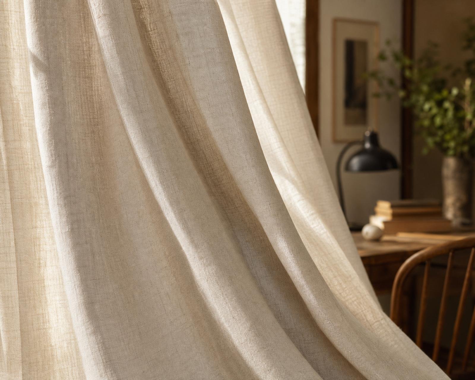 Close-up of pre-washed Irish linen curtain falling in soft folds