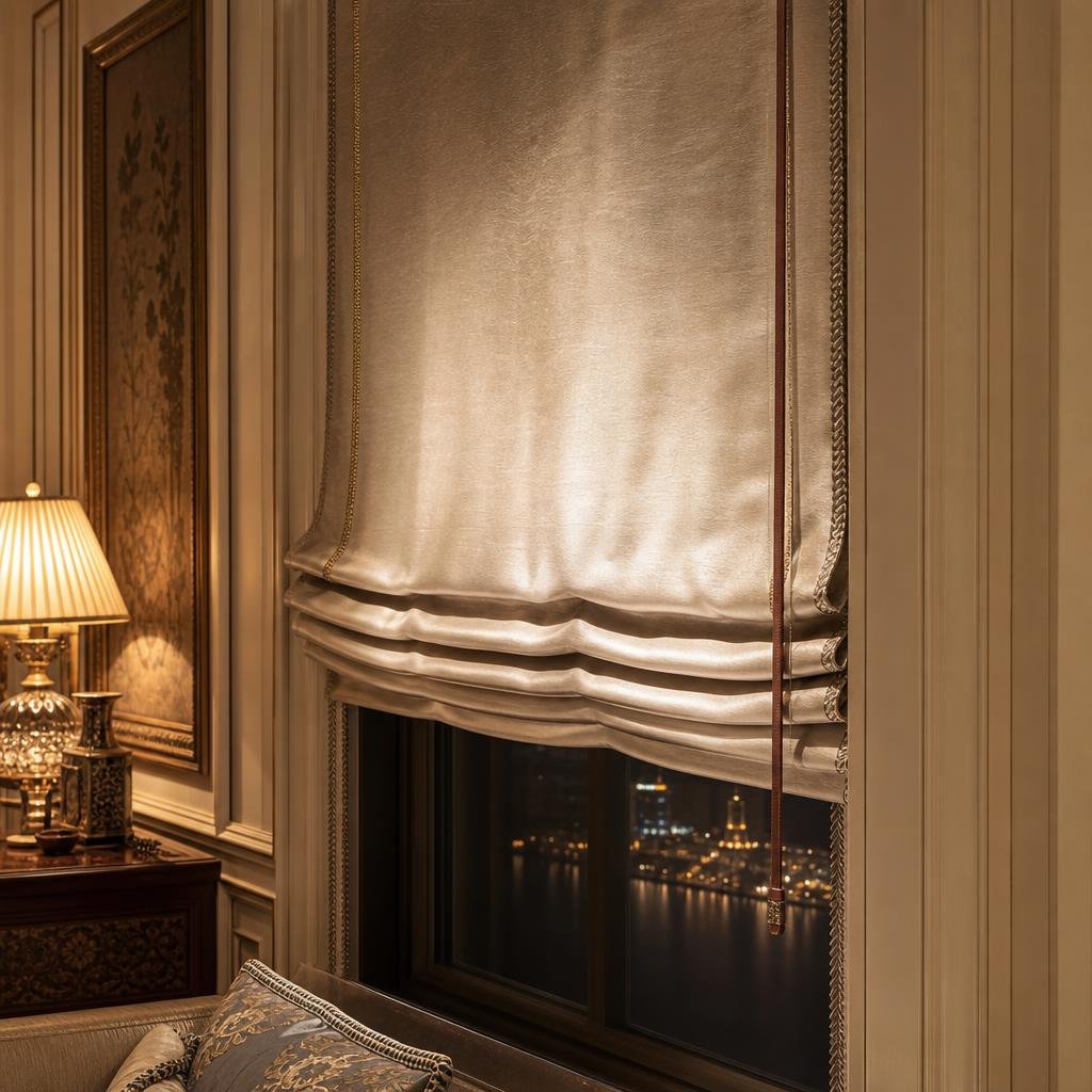 Hand-finished champagne silk Roman blind half raised in a formal Dubai salon under warm evening lamp light