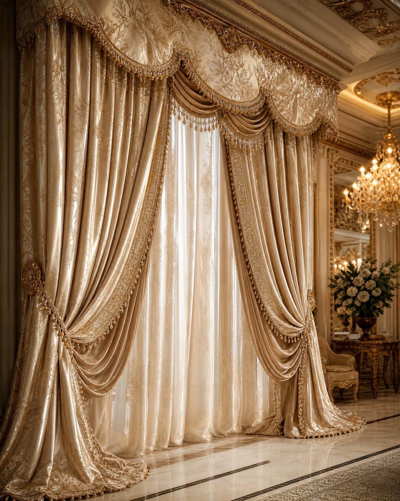 Champagne silk jacquard ceremonial drape with pelmet and swag in a grand Dubai salon