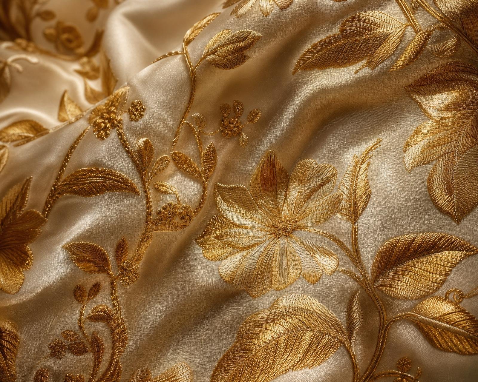 Macro detail of hand-embroidered gold thread botanical lining on champagne silk