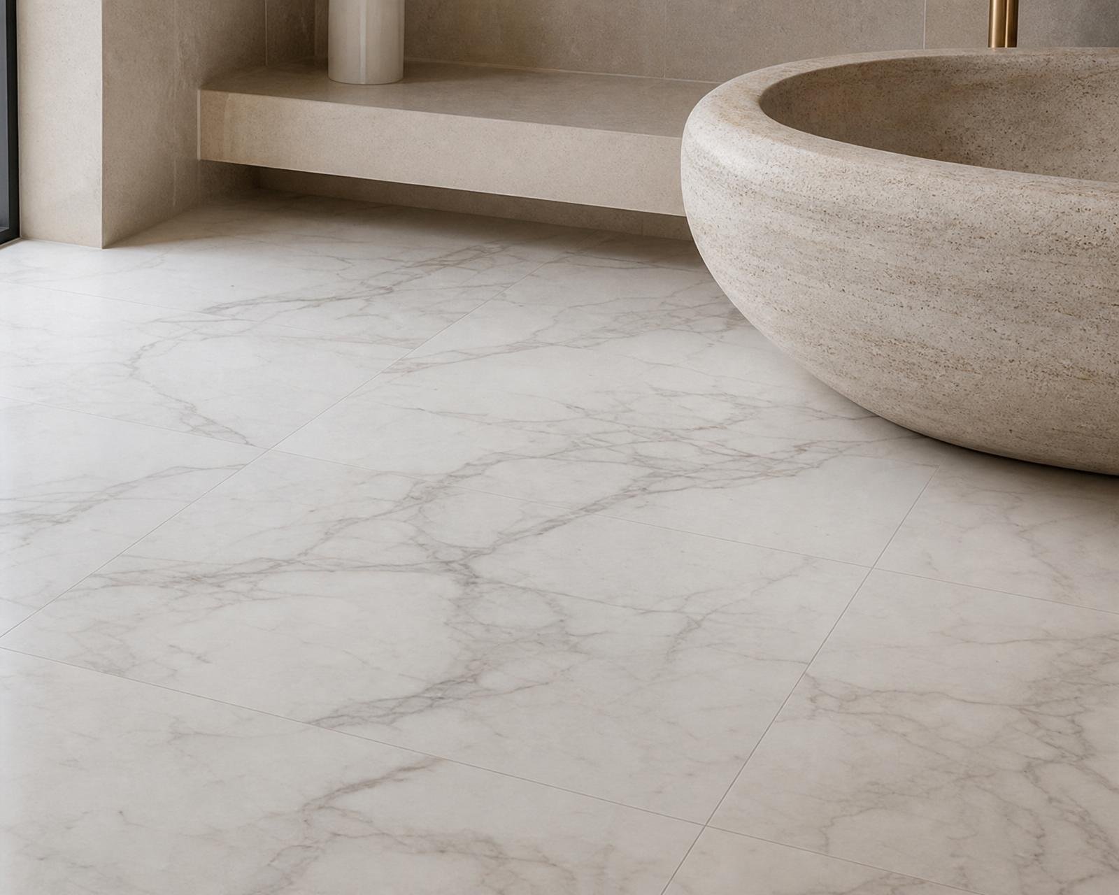 Luxury vinyl tile with Carrara marble effect in a Dubai bathroom with sculptural basin