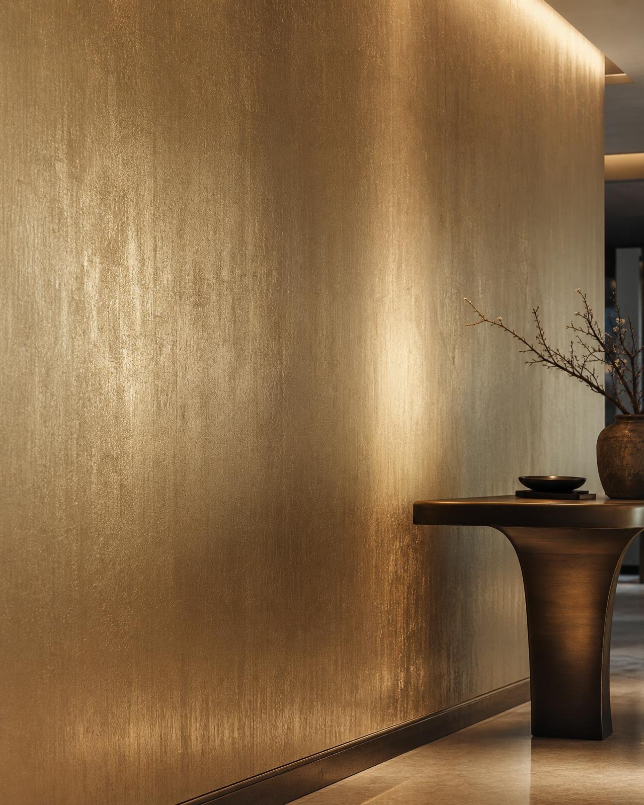 Champagne gold metallic wallpaper in a Dubai entry foyer with sculptural bronze console