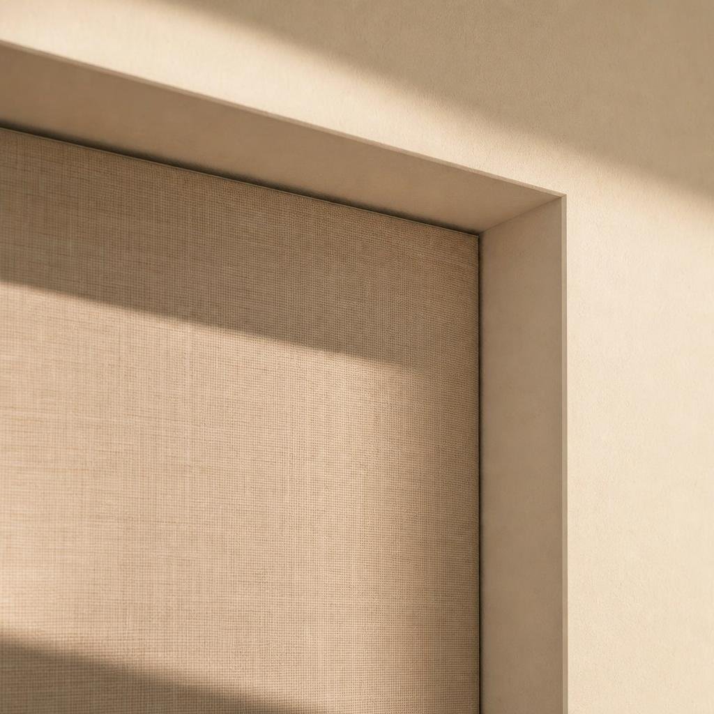 Tight detail of frameless recessed cassette blind hidden in a plaster reveal