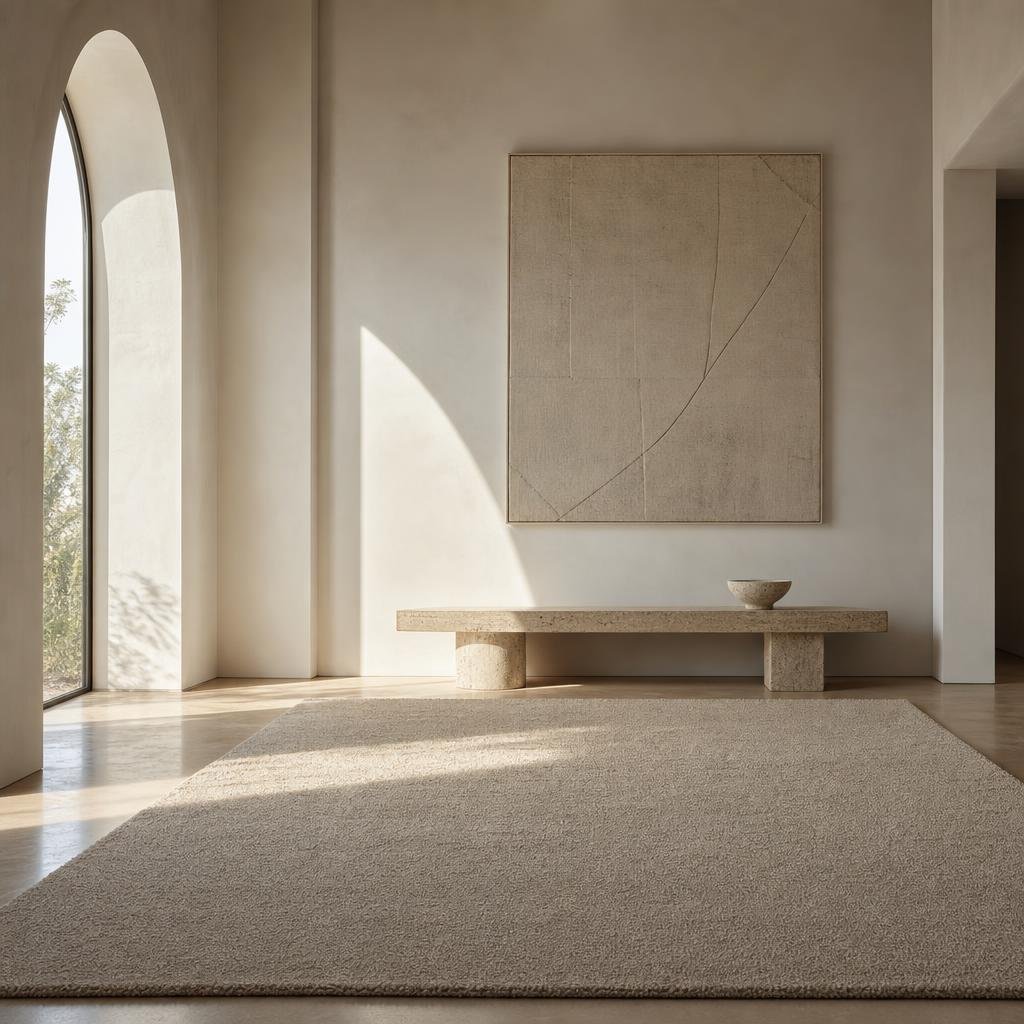 Single-tone undyed wool minimalist carpet in a plaster-walled gallery interior