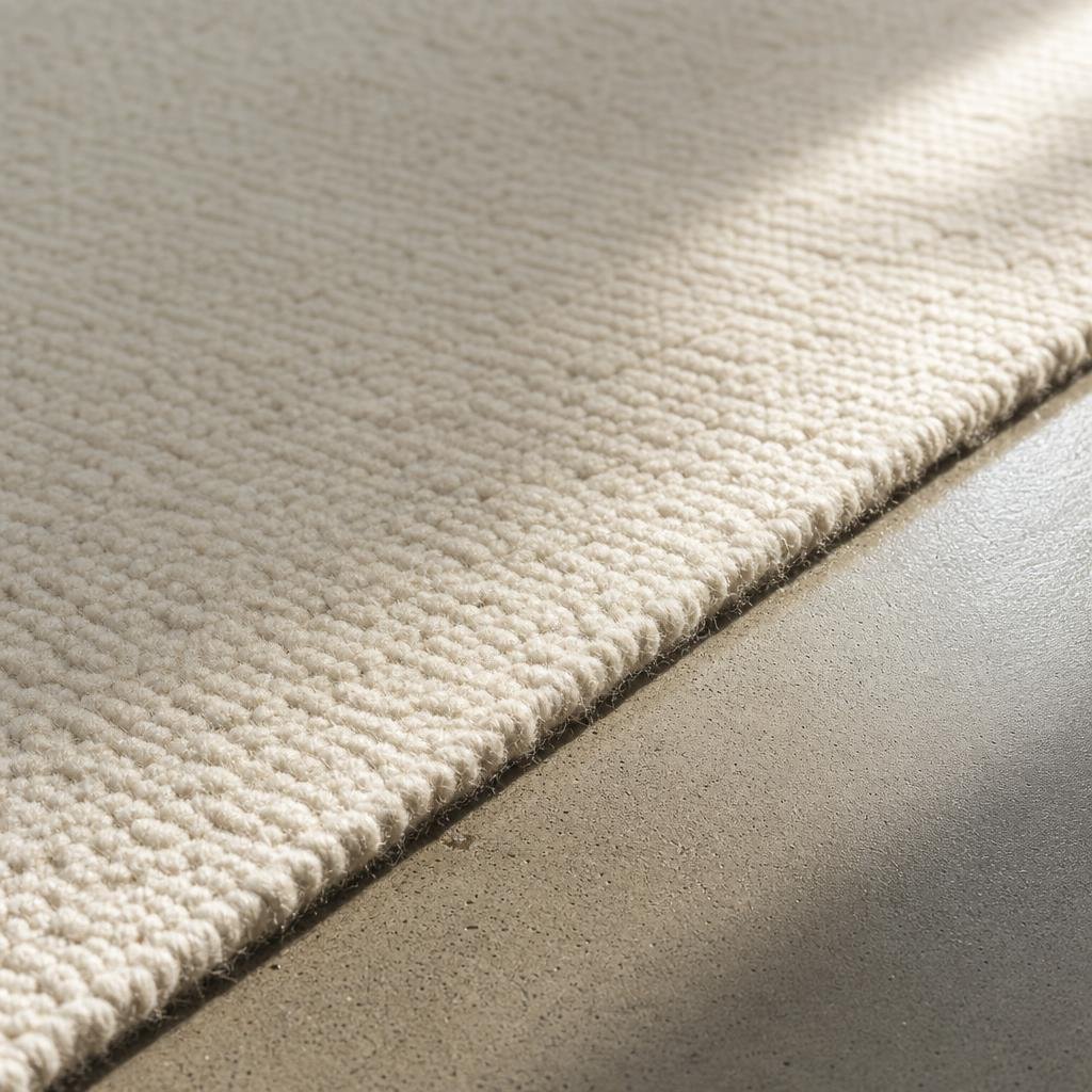 Low-pile minimalist wool carpet meeting polished concrete in raking light