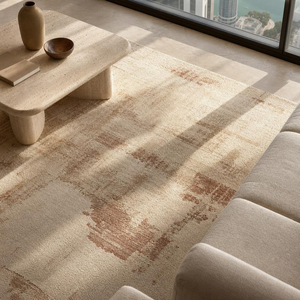 Contemporary hand-loomed wool carpet in oatmeal and clay in a sunlit Dubai living room