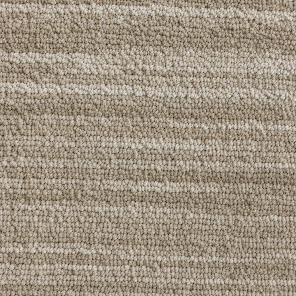 Top-down macro of tonal modern wool carpet pile in warm taupe and bone