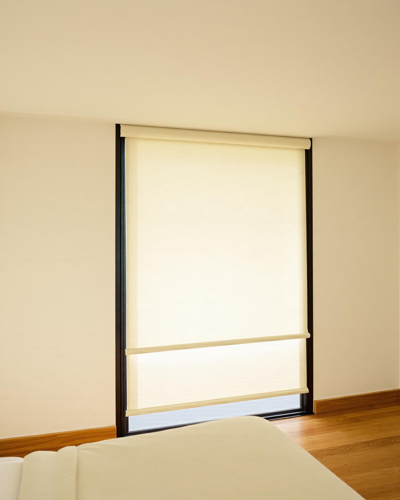 Floor-to-ceiling ivory linen roller blind driven by a concealed tube motor in a warm minimal Dubai bedroom