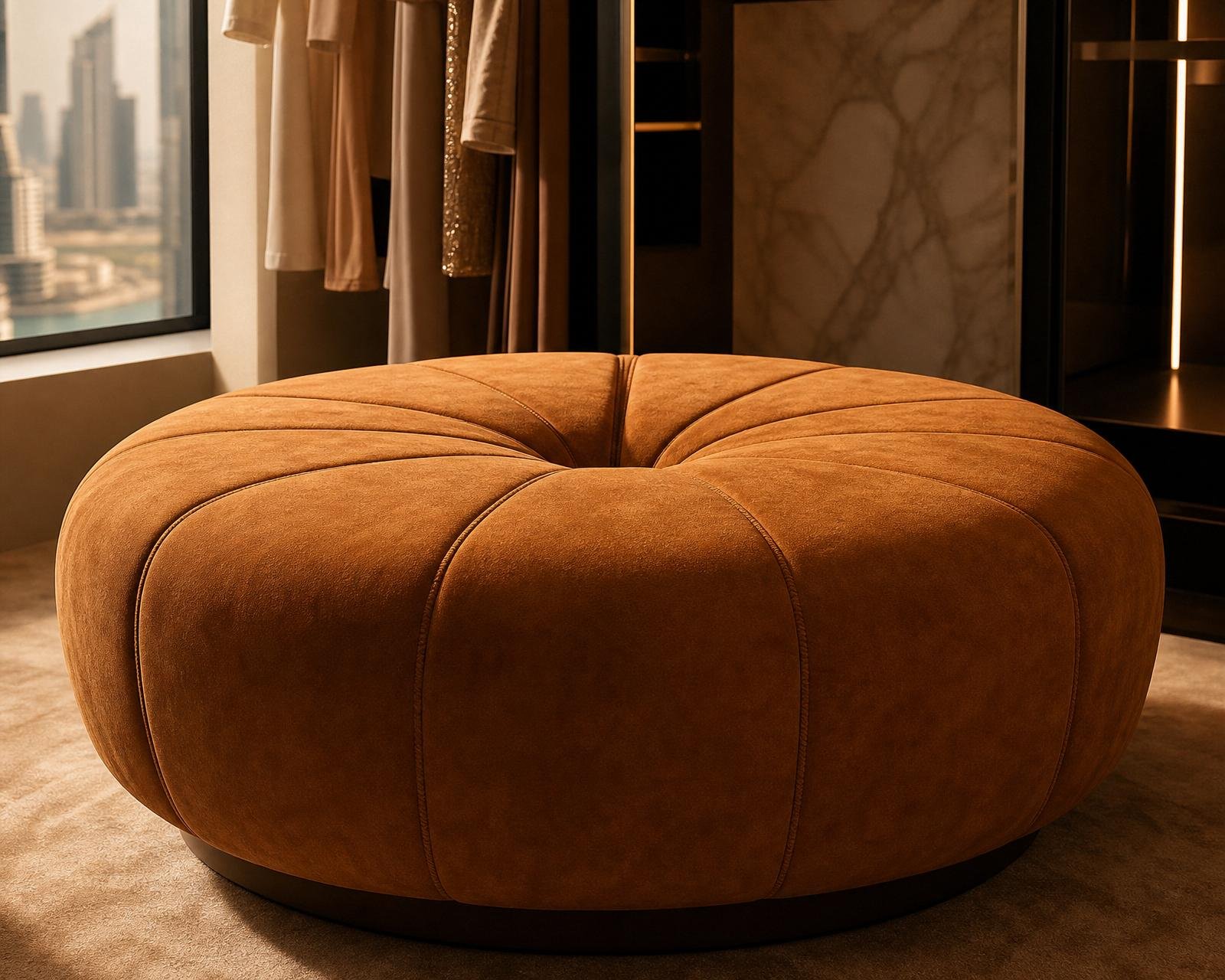 Round cognac suede ottoman in a Dubai dressing room