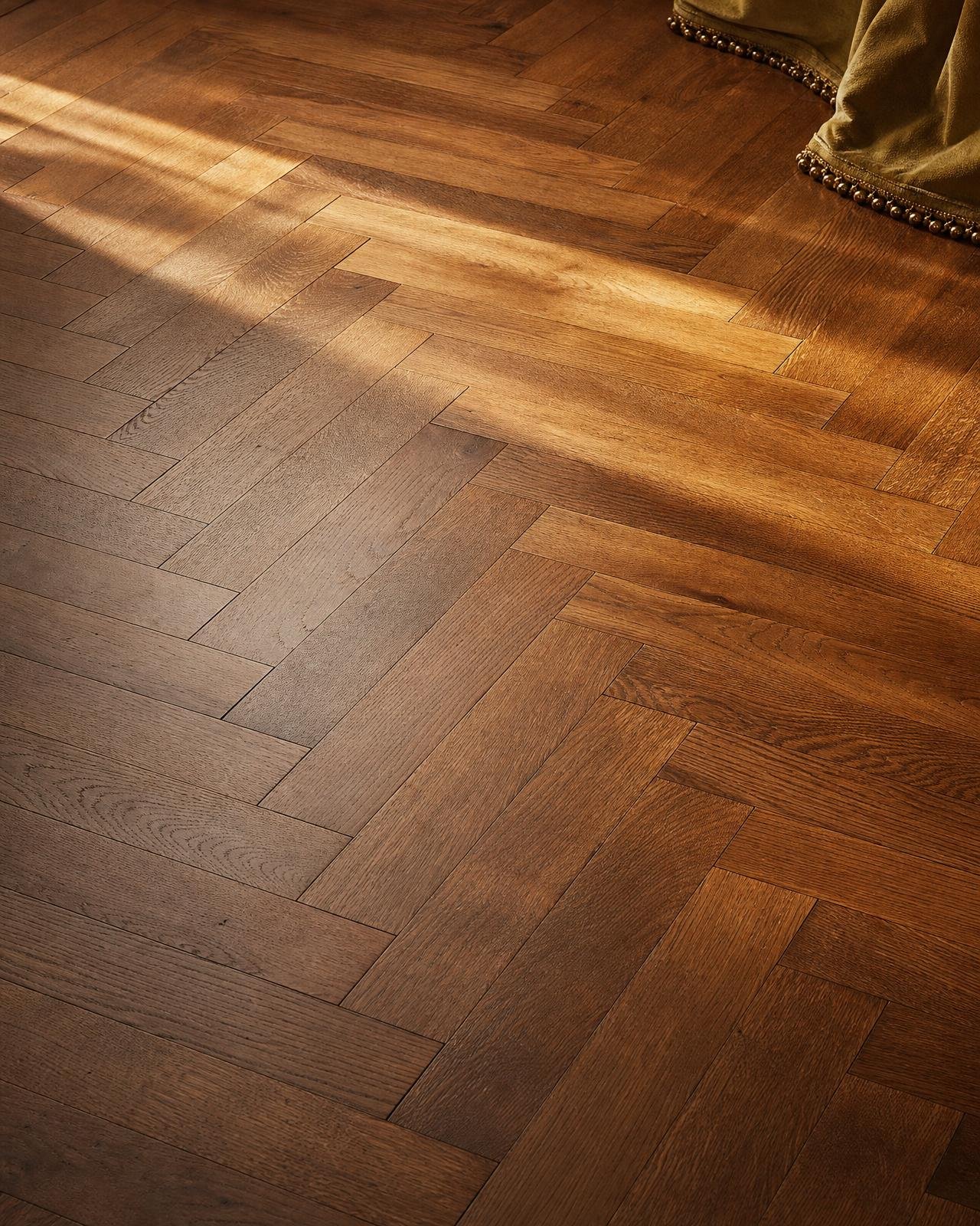 Herringbone oak parquet floor catching warm light beside velvet drapery