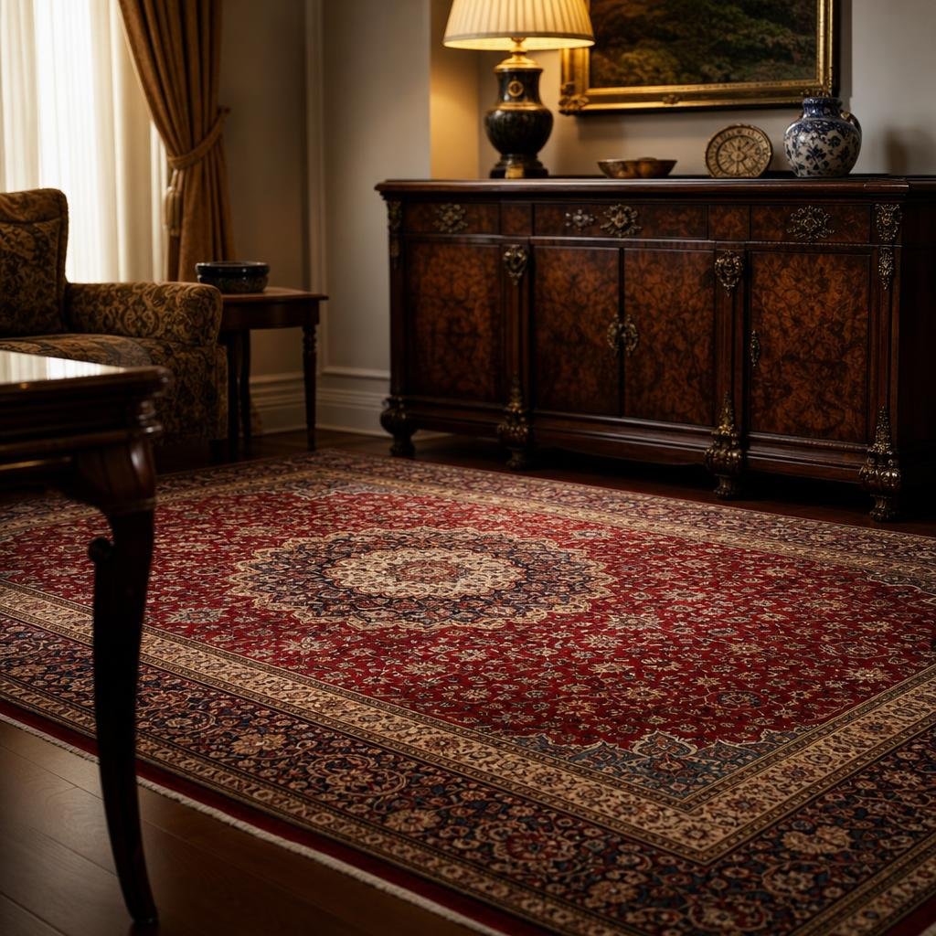 Hand-knotted Tabriz wool and silk Persian carpet anchoring a private Dubai salon under warm lamp light