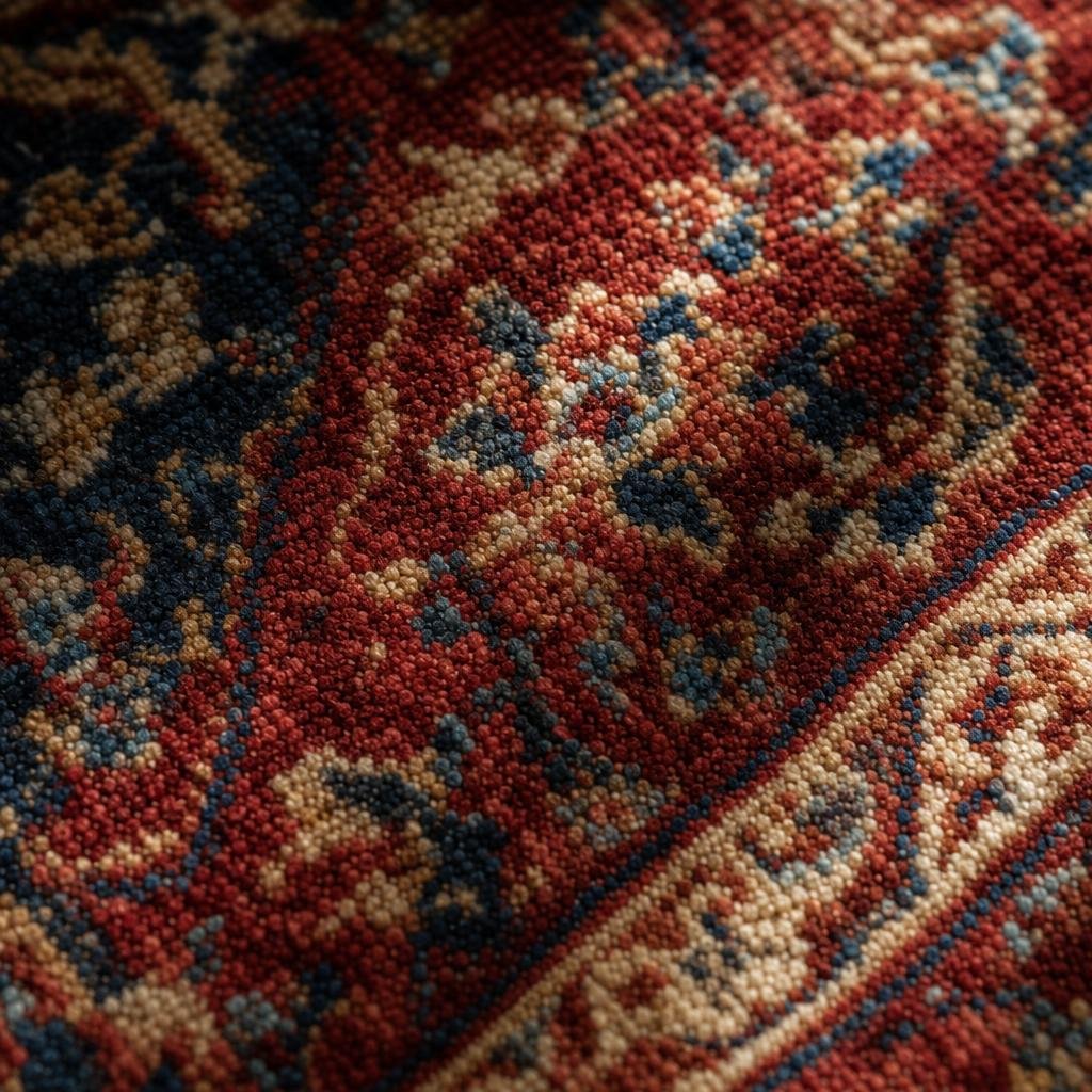 Macro detail of individual wool and silk knots in a hand-knotted Persian carpet